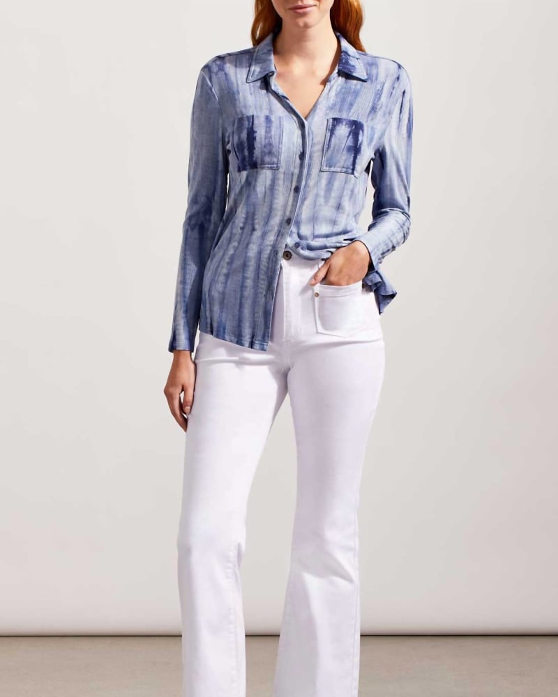 Front of a model wearing a size 12 Brooke Patch Pocket Micro Flare Pant In White in White by TRIBAL. | dia_product_style_image_id:351103